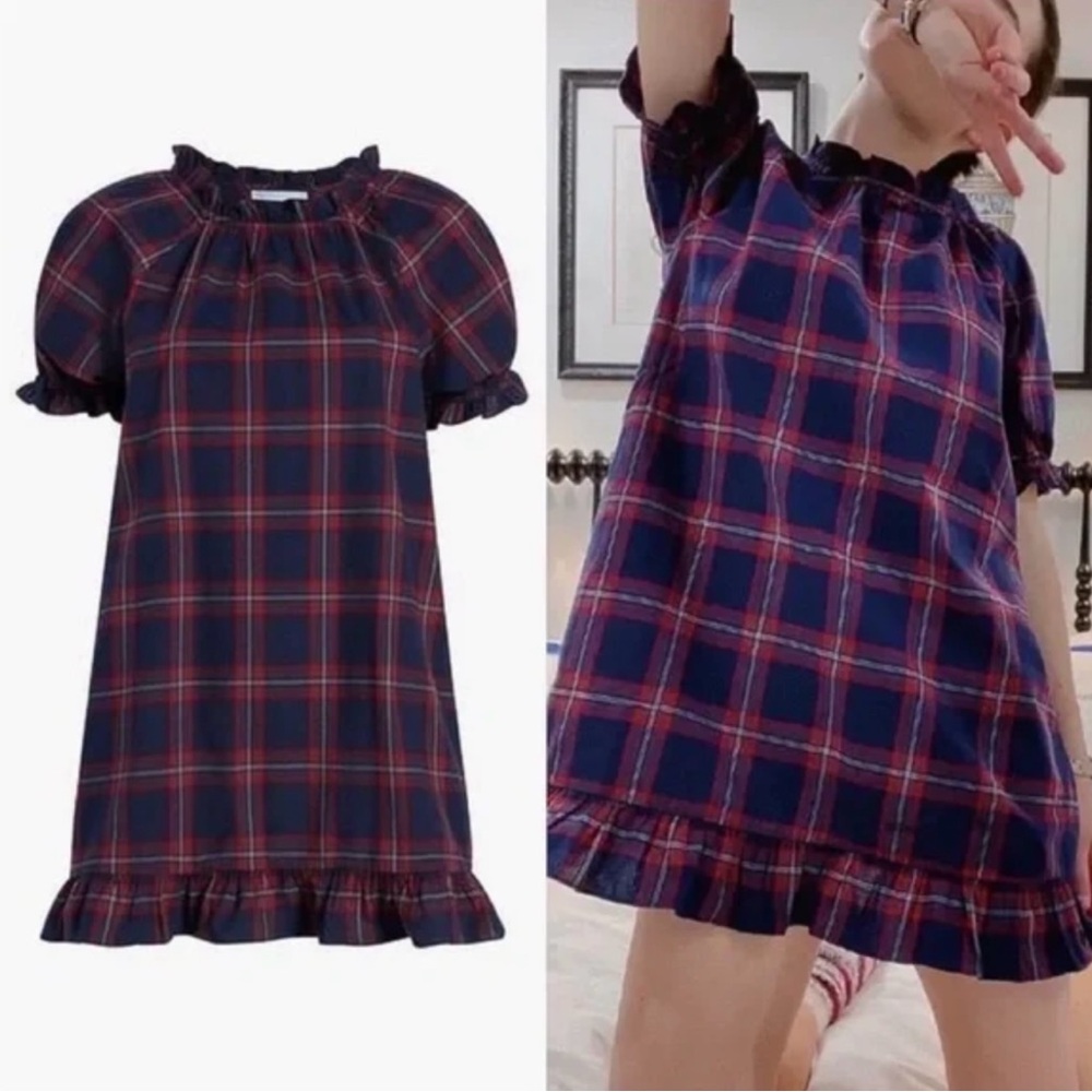 Hill House Navy and Red Plaid Ruffle-Trim Dress